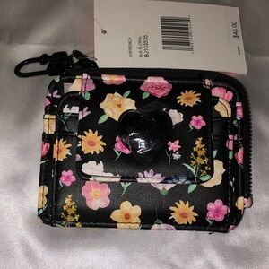 Betsey Johnson L-Zip French Card Wallet Black & Multi Color Floral Print NWT